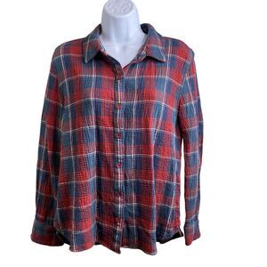 Garnet Hill Women's Organic Cotton Plaid Shirt‎ Size 12 Gauze Western Retro Boho